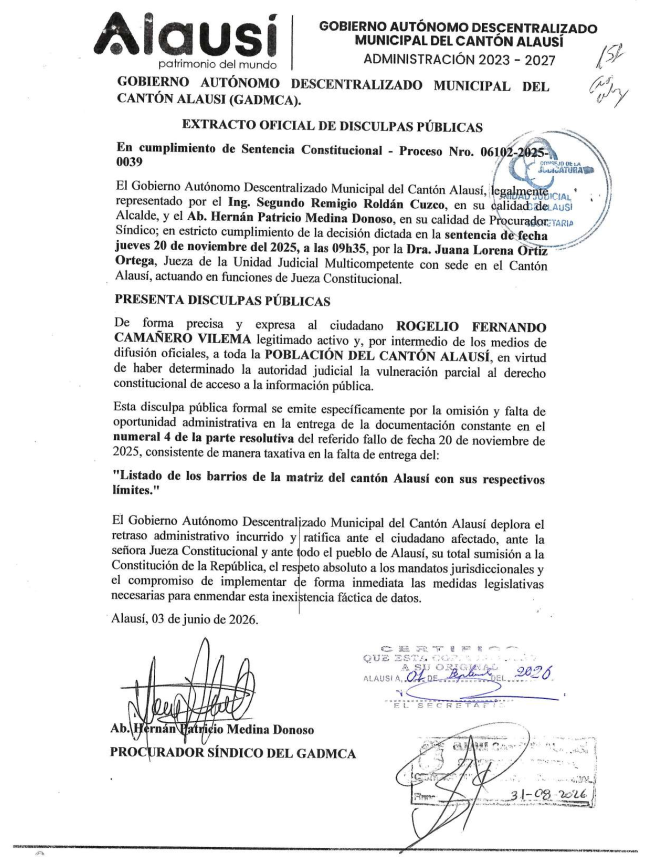 EXTRACTO OFICIAL DE DISCULPAS PÚBLICAS
